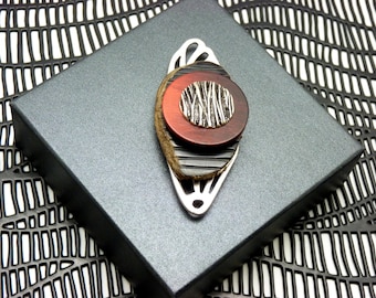 Red magnetic brooch with long silver wing, for fastening vests and scarves | ethnic | CICADA | - KUMKA