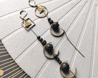Asymmetrical earrings with black lava stones and bronze | DREAMERS | clip-on option - KUMKA