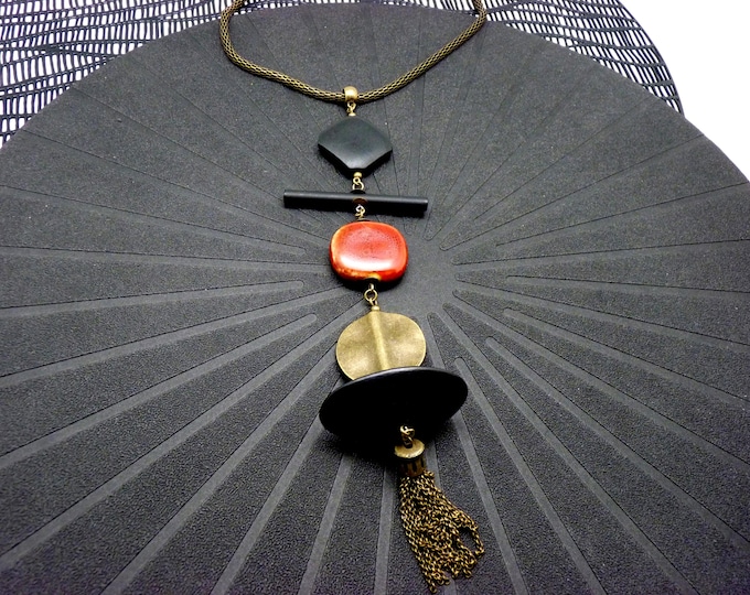 red ceramic sautoir necklace, bronze tassel and black wood - long ethnic and tribal necklace - ETTNIBA
