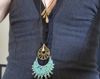 Long necklace necklace 4 rows black, bronze, oxidized blue green, boho OPTIMISTIK