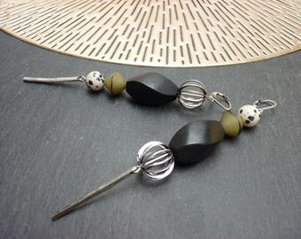 Asymmetrical khaki earrings, leopard jasper stone - BOUMAKA - Clips option