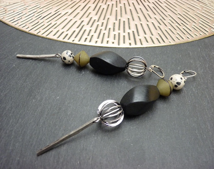 Asymmetrical khaki earrings, leopard jasper stone - BOUMAKA - Clip-on option