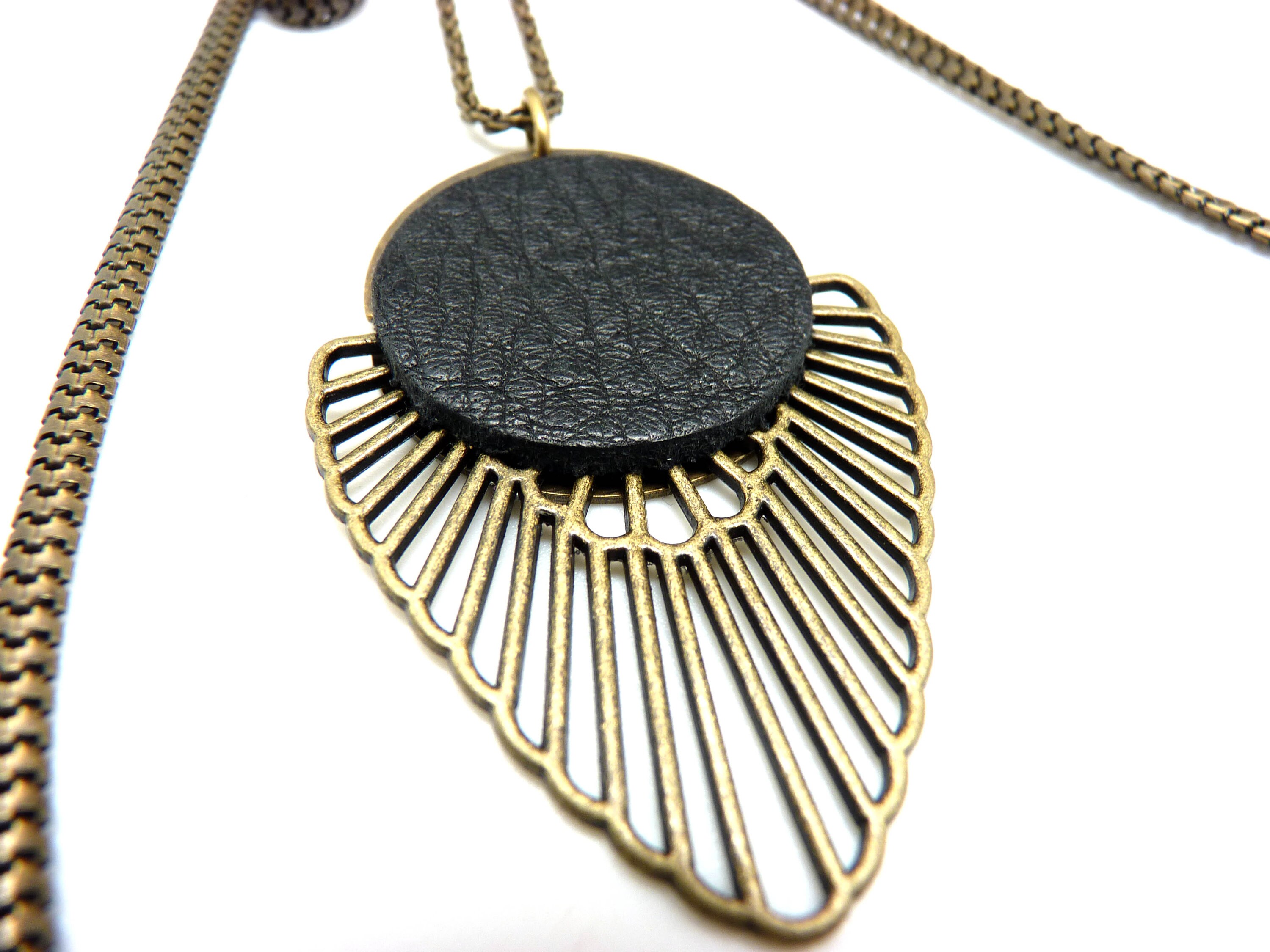 Long necklace ART DECO long necklace pendant in leather and multirow ...