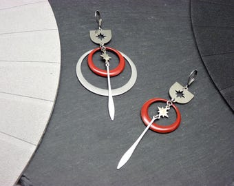 Asymmetrical silver earrings Stainless steel, red, cosmic star - SATURNELLE - clip option