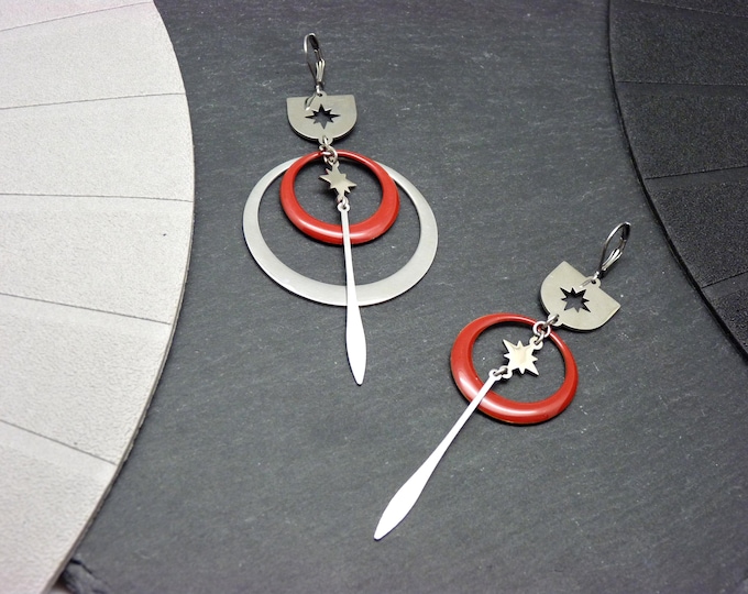 Asymmetrical silver earrings Stainless steel, red, cosmic star - SATURNELLE - clip option