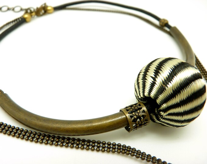 Necklace necklace leather metal bronze large pearl textile striped ethnic chic LIBRA