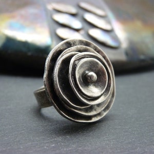 Round aged silver ring with metal petals HEART OF FLOWER adjustable