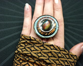 Large Tiger Ring, Blue Orange, Luminous Dichroic Glass - Adjustable Ring - Ethnic Jewelry - TIGRIA