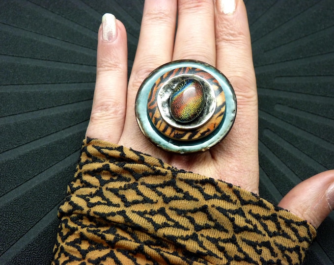 Large Tiger Ring, Blue Orange, Luminous Dichroic Glass - Adjustable Ring - Ethnic Jewelry - TIGRIA