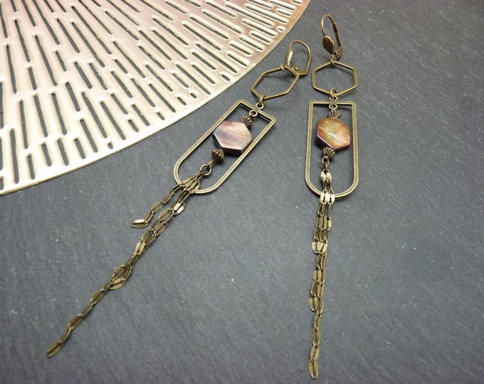 Old pink mother-of-pearl earrings, bronze metal hexagon, art deco chains, GISELA clip-on option