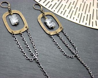 SKODAL striated metal bronze earrings with rutilated quartz stone Clips option