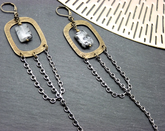 SKODAL striated metal bronze earrings with rutilated quartz stone Clips option