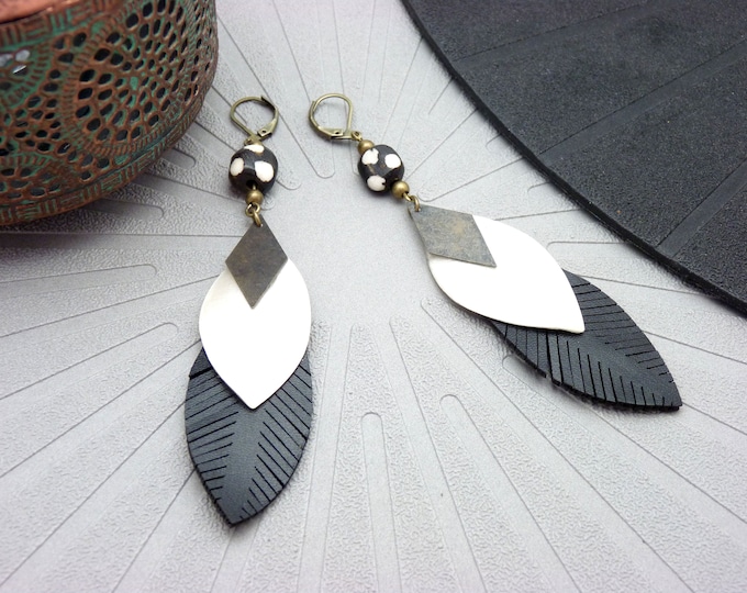 KEACE feather earrings vegan leather mother-of-pearl white and black polka dots ethnic Clip-on option