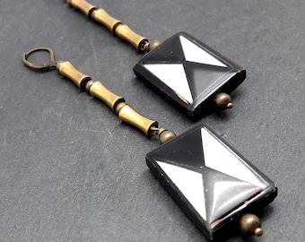 Long earrings LAGUERTA metal bronze, horn and mirror