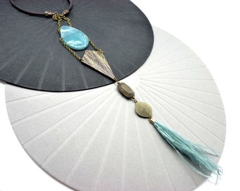 Totem Feather & Wood Long Necklace • Long Ethnic Frosted Blue Necklace • Boho Leather Jewelry | FAROUCHE |