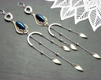Extra long earrings - SHEHERAZADE - midnight blue glass and tassels | Boho chic oriental jewelry | Clip-on option