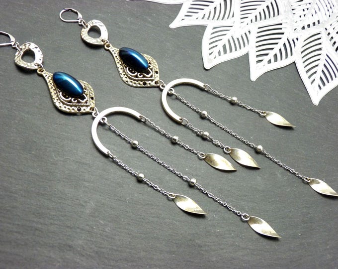 Extra long earrings - SHEHERAZADE - midnight blue glass and tassels | Boho chic oriental jewelry | Clip-on option