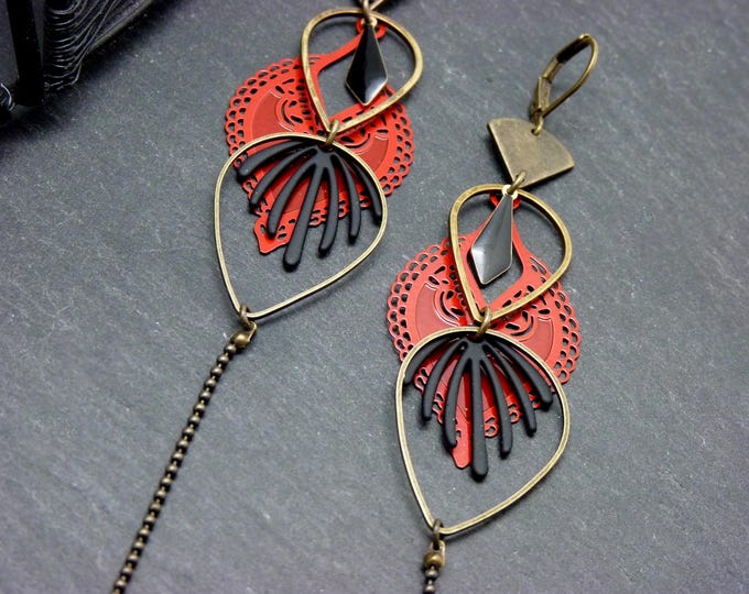 Red and black filigree earrings, bohemian, long, light - ESTELLIA ROUGE - Clip-on option