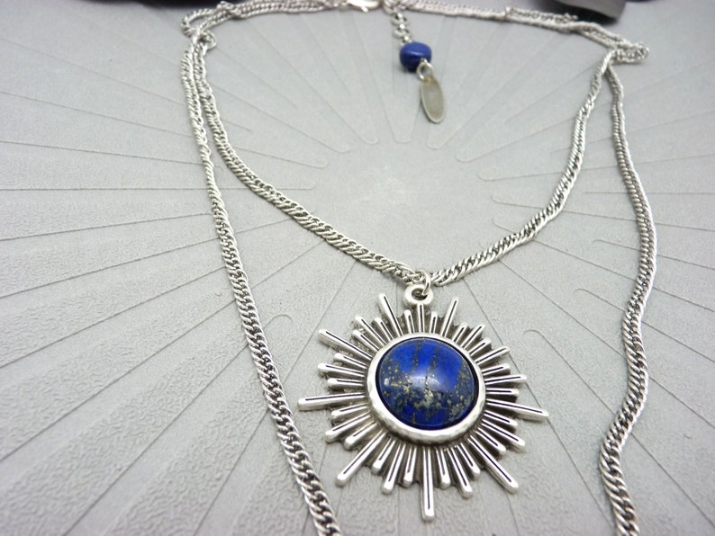 Aged silver necklace sun pendant lapis lazuli stone 2 rows, cosmic and boho FULLSUN image 3