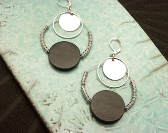 Graphic Hoop Earrings | GALAX | Black and Silver Wood | Clip-on Option - KUMKA