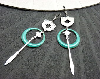 SATURNELLE enameled duck silver star hoop earrings, asymmetrical or not, your choice, clip option