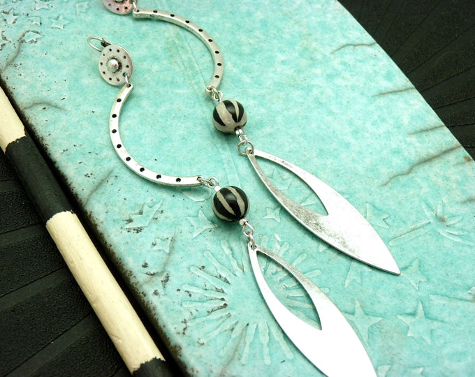 Very long silver earrings, beige black stone striped agate mirror asymmetry MIROR option evening clips