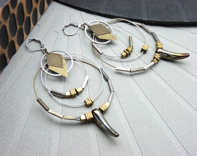 Multi-creole earrings silver bronze khaki metal mother-of-pearl CROKCREOL Clip option Last item!