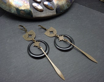 SATURNEL black enameled bronze star earrings or your choice of asymmetrical clip option