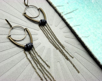 Bronze and black aubergine metal earrings and lava beads, aerial ARYA Clips option