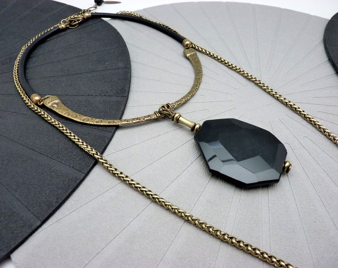 Large black onyx stone pendant necklace, leather, with or without bronze sautoir necklace, chic, art deco MADAME REVE