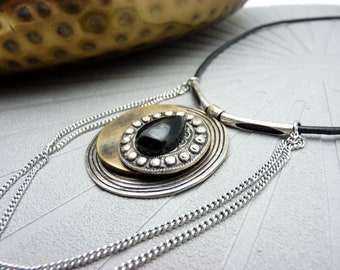Large pendant necklace black stone onyx metal silver bronze leather FREYA