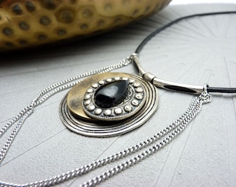 Large pendant necklace black stone onyx metal silver bronze leather FREYA