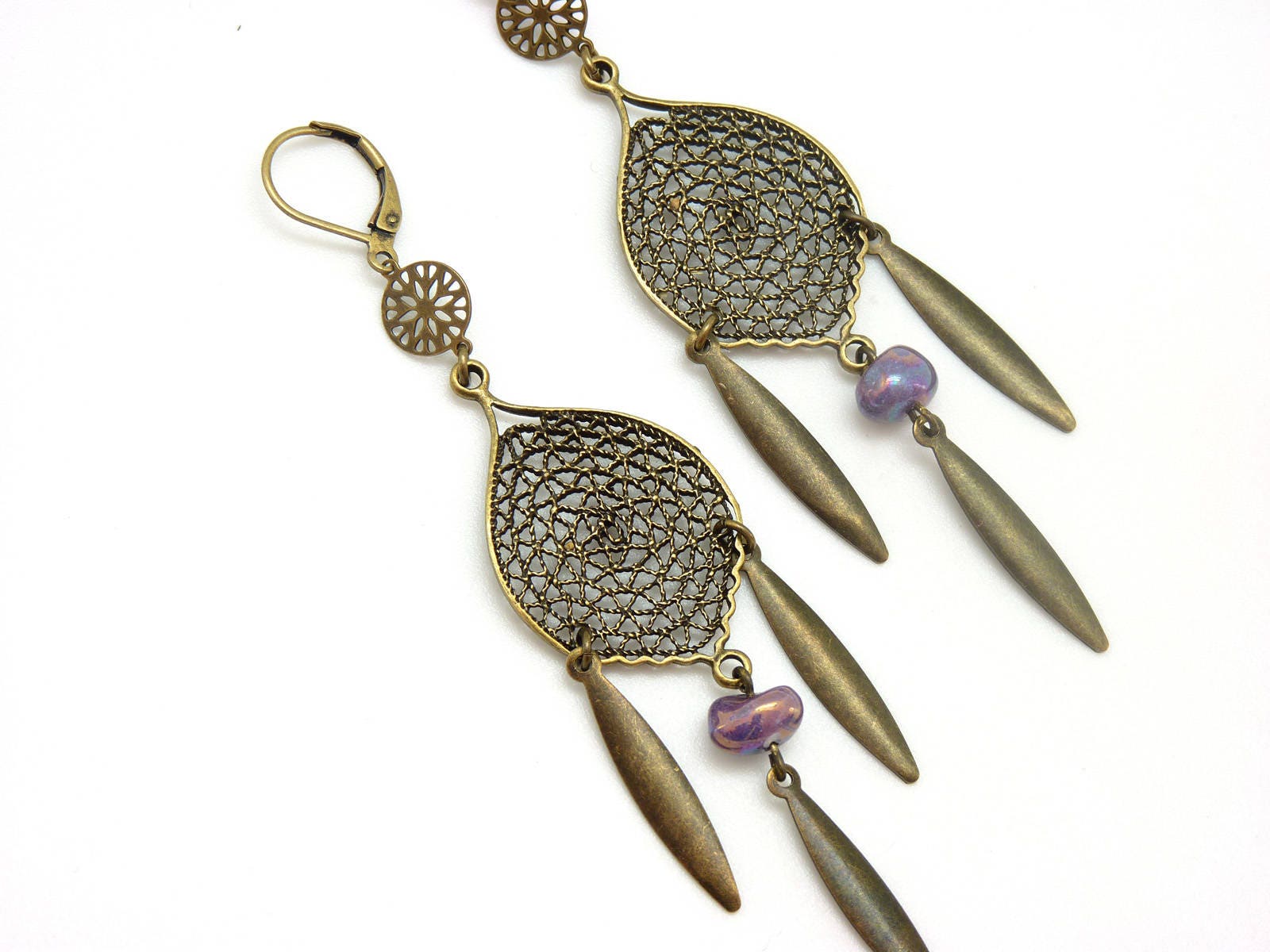 Boucles D'oreilles Pendentif Attrape-rêves - Perles Et Fil Métal Bleu Et Ciel - Neuf Sans Emballage