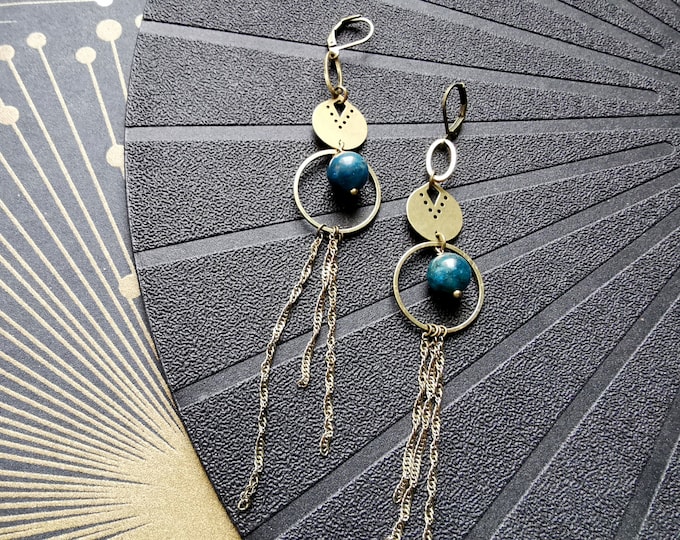 Long earrings in petrol blue apatite stone, vintage bronze gold metal, LES ENJOLEUSES, clip-on option