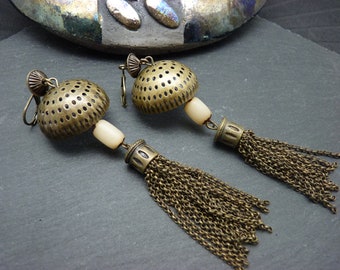 Long ethnic bronze brass and ecru metal pompom earrings MEDUSA clip option