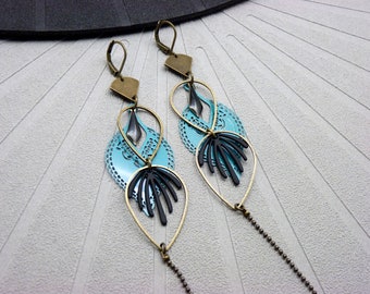 Long teal bohemian lightweight earrings ESTELLIA clip-on option - KUMKA