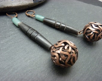 Copper earrings, black horn, celadon blue resin | ENTURLOUPE | clip-on option