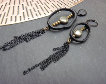 Asymmetrical matte black khaki pyrite stone earrings ANGIE chic minimalist clip-on option