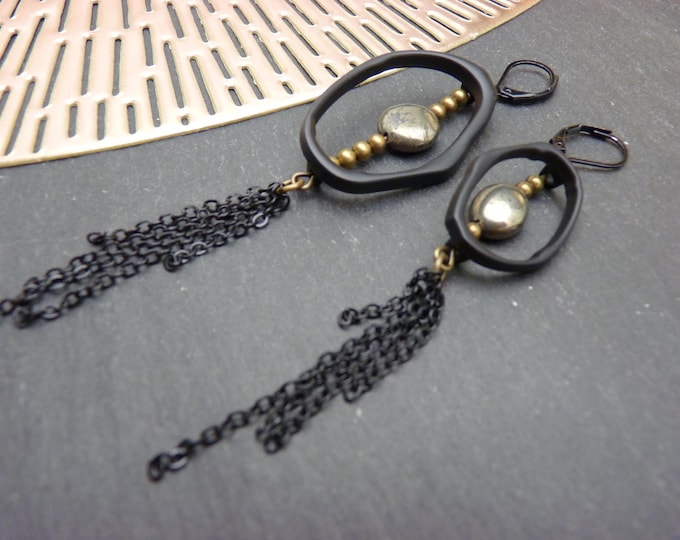 Asymmetrical matte black khaki pyrite stone earrings ANGIE chic minimalist clip-on option