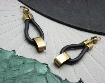 Minimal black leather bronze metal earrings MAYEM Clips option