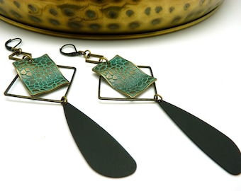 Long earrings patina blue verdigris oxidized bronze black graphic PATINAX clip option