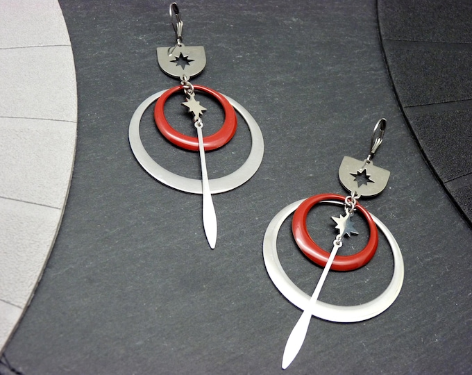 Silver Creoles Red stainless steel, cosmic star - SATURNELLE - clips option