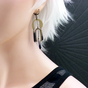 Art deco bronze metal earrings and bi-color black and bronze glass stick MIMI LEMPICKA clip option image 6