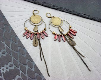 Bronze Hoop Earrings with Red Marbled Glass | BOHEMIA | Clip and Length Options - KUMKA