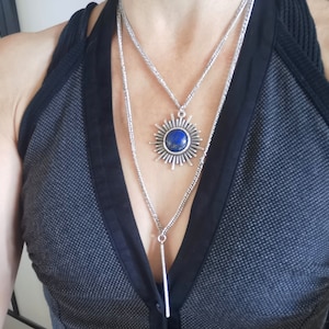 Aged silver necklace sun pendant lapis lazuli stone 2 rows, cosmic and boho FULLSUN image 5