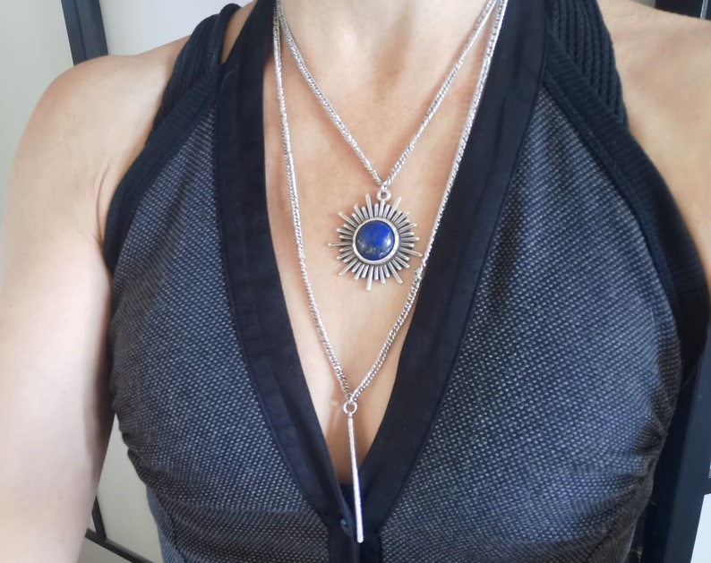 Aged silver necklace sun pendant lapis lazuli stone 2 rows, cosmic and boho FULLSUN image 5