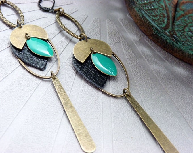 Long bronze metal earrings with black leather and duck enamel, OPAX clip-on option, last piece!