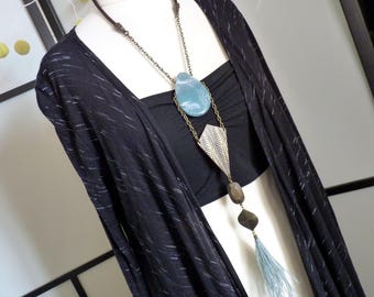 feather necklace - frosted blue brown - wood, leather, metal - FAROUCHE - Long ethnic necklace