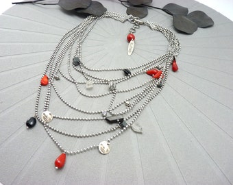 Necklace plastron silver stones black and red multi-row EXTASIA