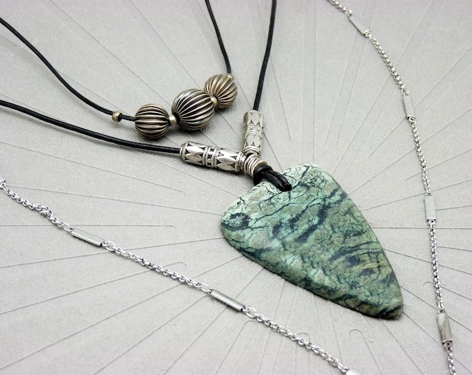 serpentine triangle stone, leather and silver sautoir necklace - chic tribal long necklace - TABASCO